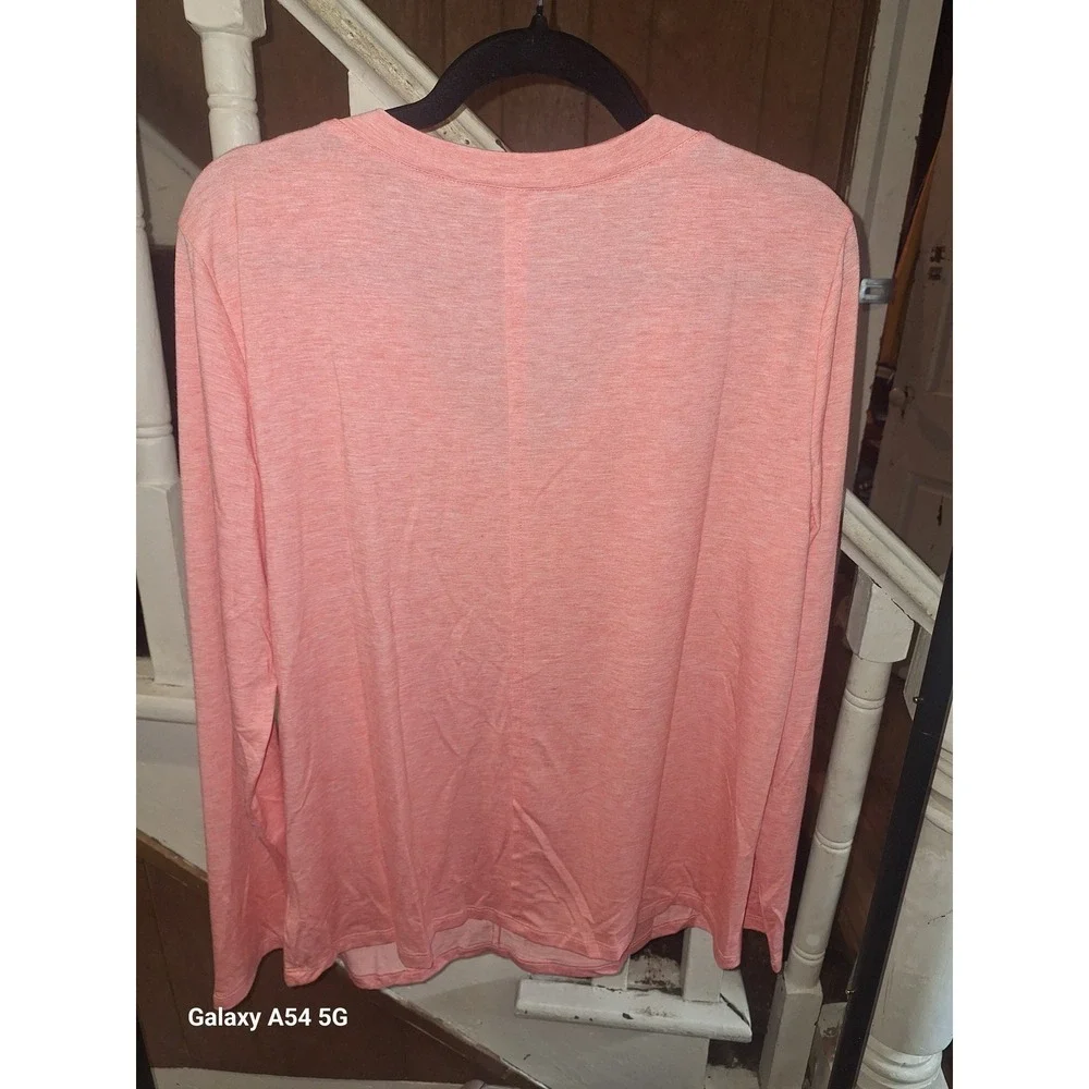Women Coral Pink Heathered V-Neck Long Sleeve Top with Floral Applique Size L